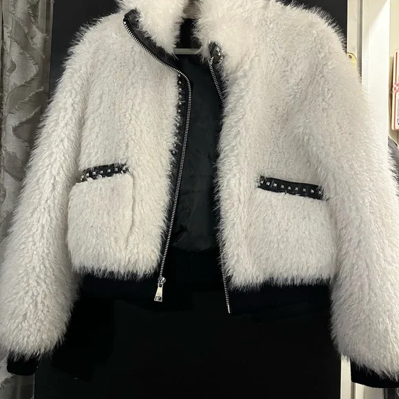 White Faux Fur Bomber Jacket with Studded Zip Front - Picture 7 of 10